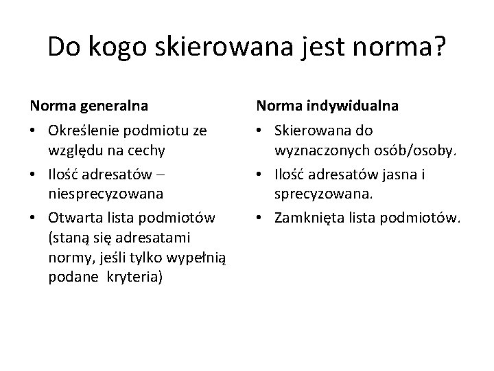 Do kogo skierowana jest norma? Norma generalna Norma indywidualna • Określenie podmiotu ze względu