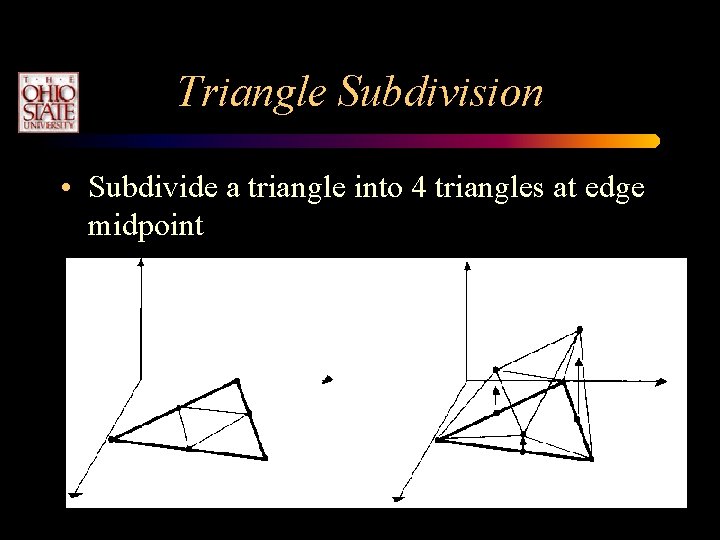 Triangle Subdivision • Subdivide a triangle into 4 triangles at edge midpoint Triangle Subdivision • Subdivide a triangle into 4 triangles at edge midpoint