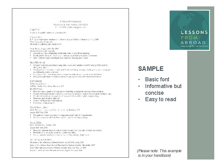 SAMPLE • Basic font • Informative but concise • Easy to read (Please note: