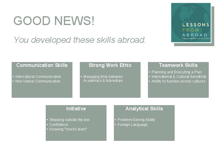 GOOD NEWS! You developed these skills abroad. Communication Skills • Intercultural Communication • Non-Verbal