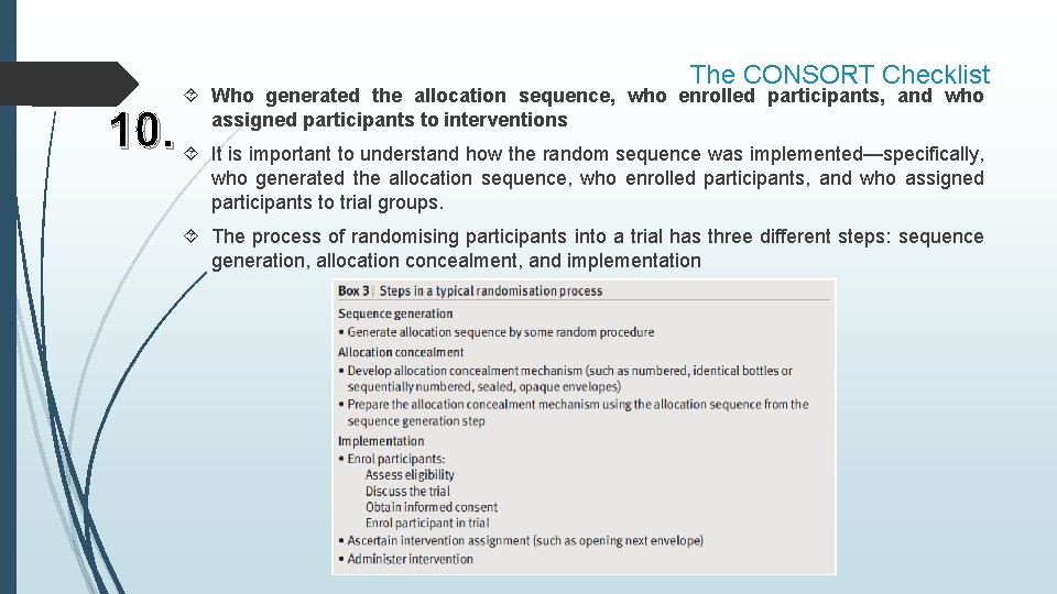 The CONSORT Checklist Who generated the allocation sequence, who enrolled participants, and who assigned