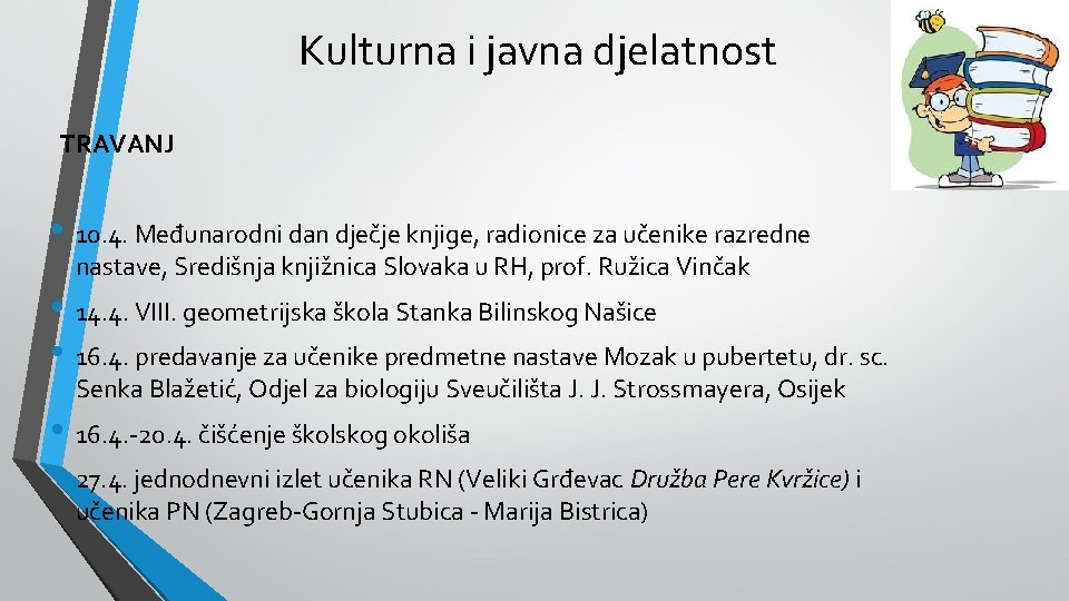 Kulturna i javna djelatnost TRAVANJ • 10. 4. Međunarodni dan dječje knjige, radionice za