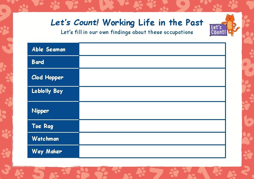 Let’s Count! Working Life in the Past Let’s fill in our own findings about