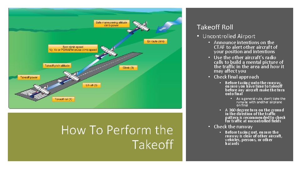 Takeoff Roll • Uncontrolled Airport • Announce intentions on the CTAF to alert other