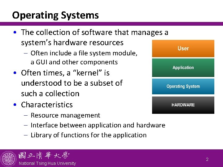 Operating Systems • The collection of software that manages a system’s hardware resources -