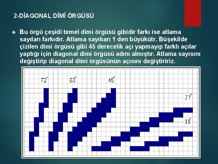 2 -DİAGONAL DİMİ ÖRGÜSÜ Bu örgü çeşidi temel dimi örgüsü gibidir farkı ise atlama