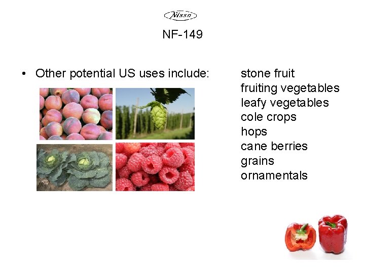 NF-149 • Other potential US uses include: stone fruiting vegetables leafy vegetables cole crops