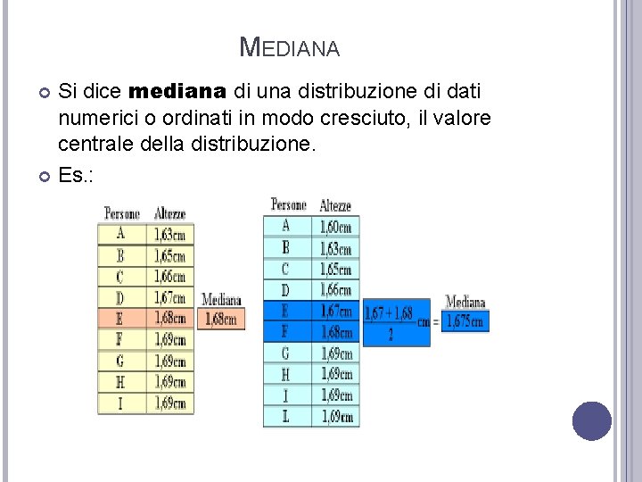 MEDIANA Si dice mediana di una distribuzione di dati numerici o ordinati in modo