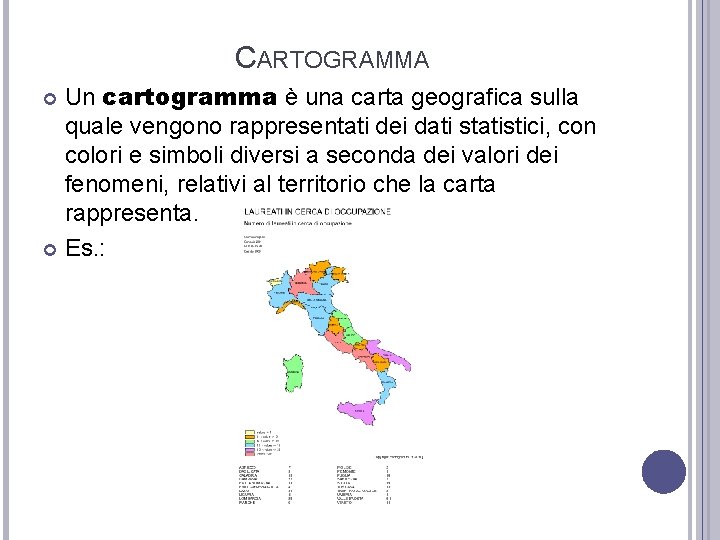 CARTOGRAMMA Un cartogramma è una carta geografica sulla quale vengono rappresentati dei dati statistici,