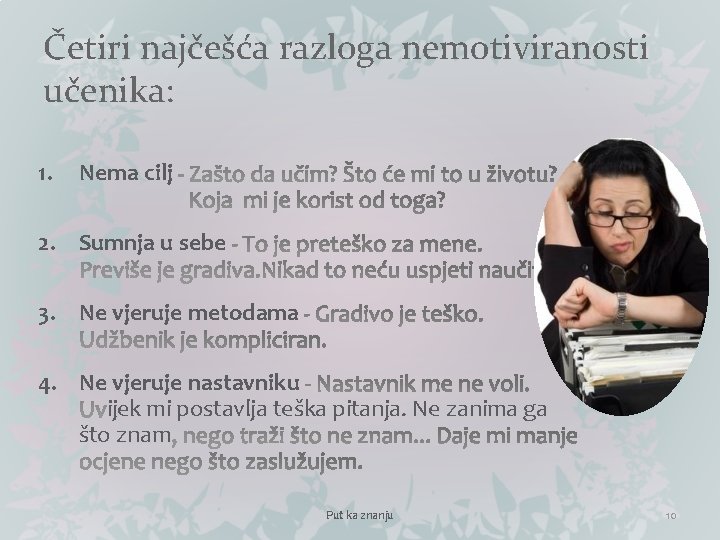 Četiri najčešća razloga nemotiviranosti učenika: 1. Nema cilj 2. Sumnja u sebe 3. Ne