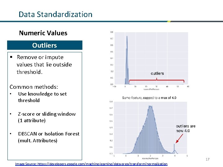 Data Standardization Numeric Values Normalization Outliers § Remove or impute values that lie outside