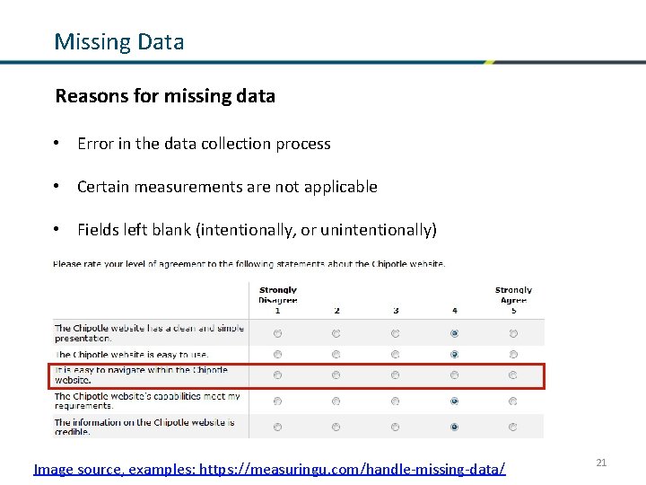 Missing Data Reasons for missing data • Error in the data collection process •