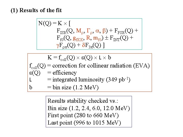 (1) Results of the fit N(Q) = K [ FISR(Q, Mr, Gr, a, b)