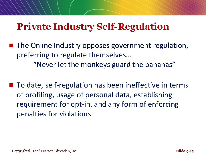 Private Industry Self-Regulation n The Online Industry opposes government regulation, preferring to regulate themselves.