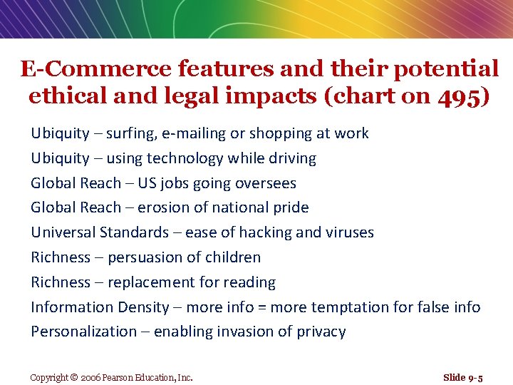 E-Commerce features and their potential ethical and legal impacts (chart on 495) Ubiquity –