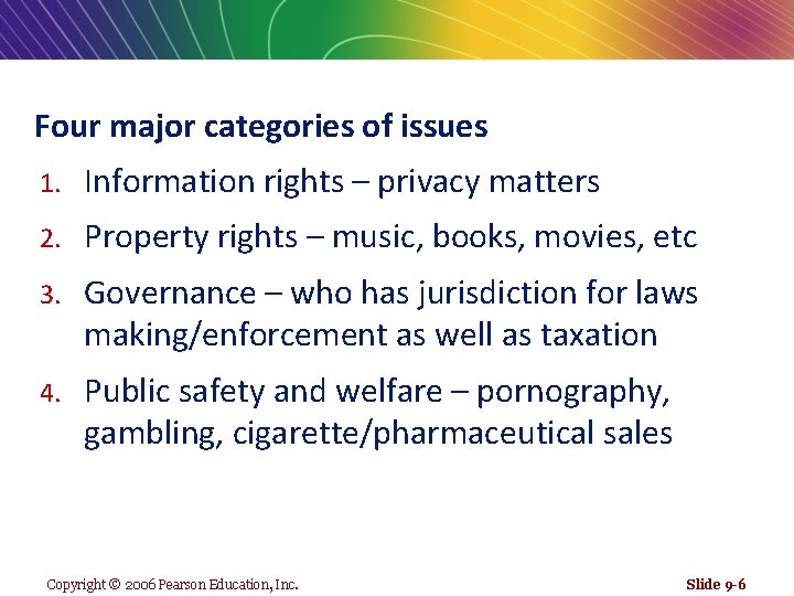 Four major categories of issues 1. Information rights – privacy matters 2. Property rights