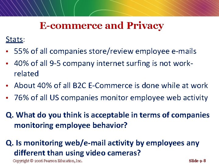 E-commerce and Privacy Stats: • 55% of all companies store/review employee e-mails • 40%