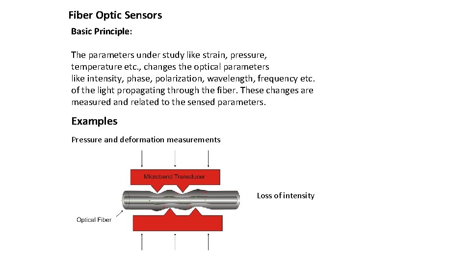 Fiber Optic Sensors Basic Principle: The parameters under study like strain, pressure, temperature etc.