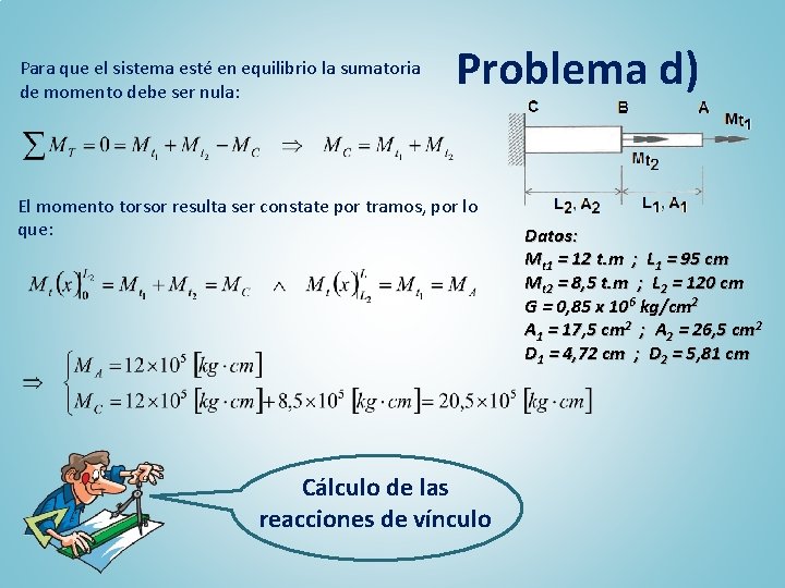 Para que el sistema esté en equilibrio la sumatoria de momento debe ser nula: