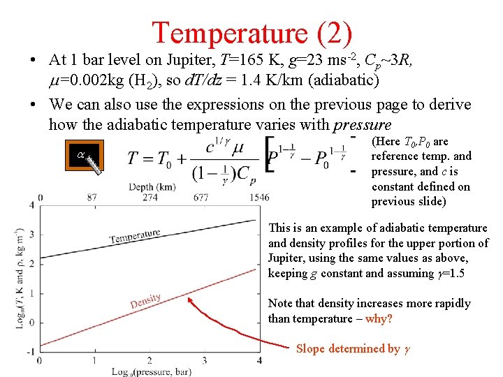 Temperature (2) • At 1 bar level on Jupiter, T=165 K, g=23 ms-2, Cp~3