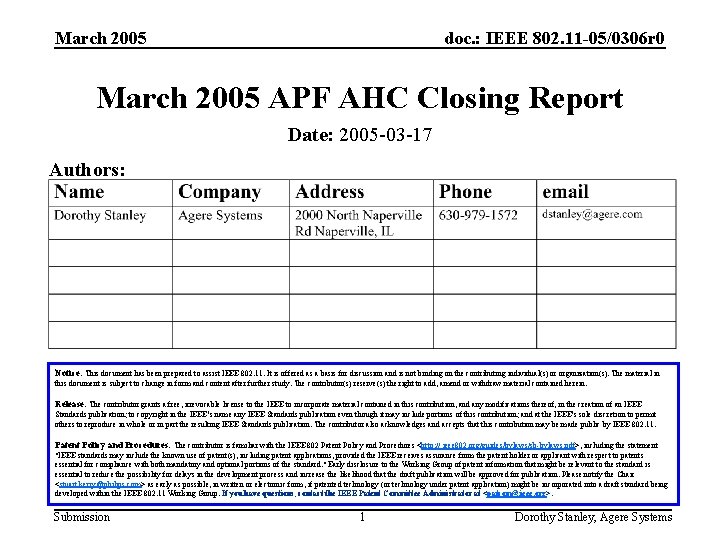 March 2005 doc. : IEEE 802. 11 -05/0306 r 0 March 2005 APF AHC