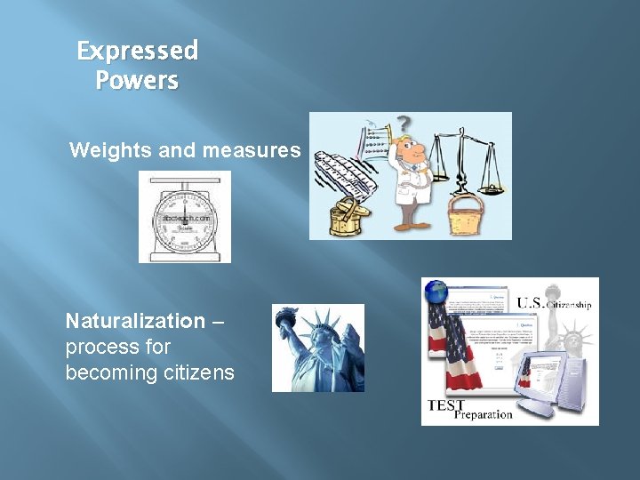 Expressed Powers Weights and measures Naturalization – process for becoming citizens 
