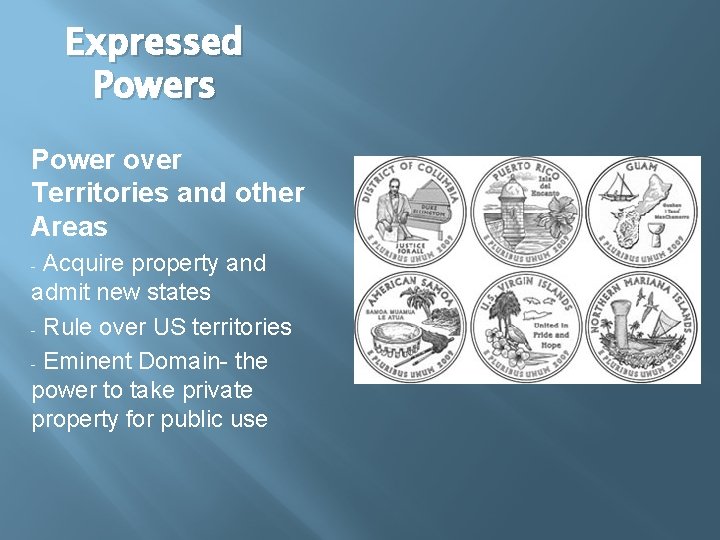 Expressed Powers Power over Territories and other Areas Acquire property and admit new states