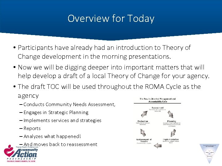 Overview for Today • Participants have already had an introduction to Theory of Change