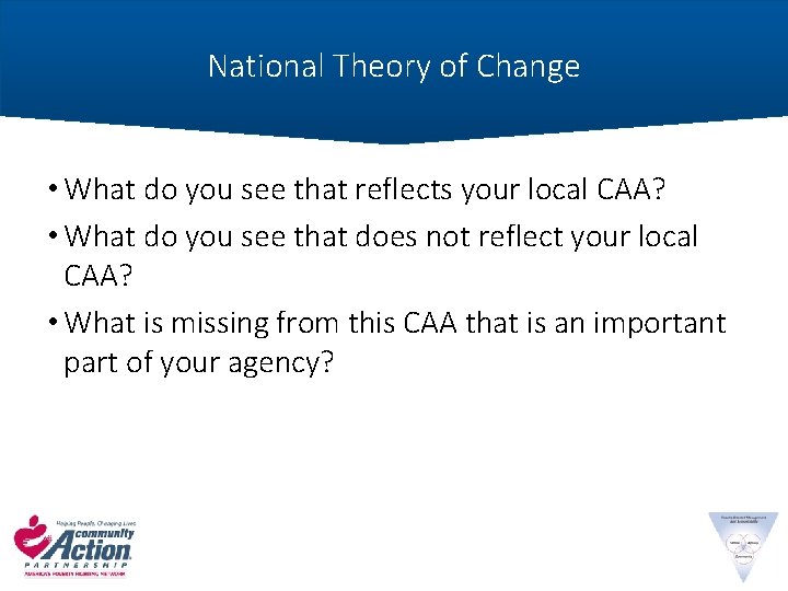 National Theory of Change • What do you see that reflects your local CAA?