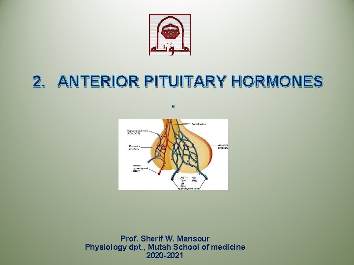 2. ANTERIOR PITUITARY HORMONES. Prof. Sherif W. Mansour Physiology dpt. , Mutah School of