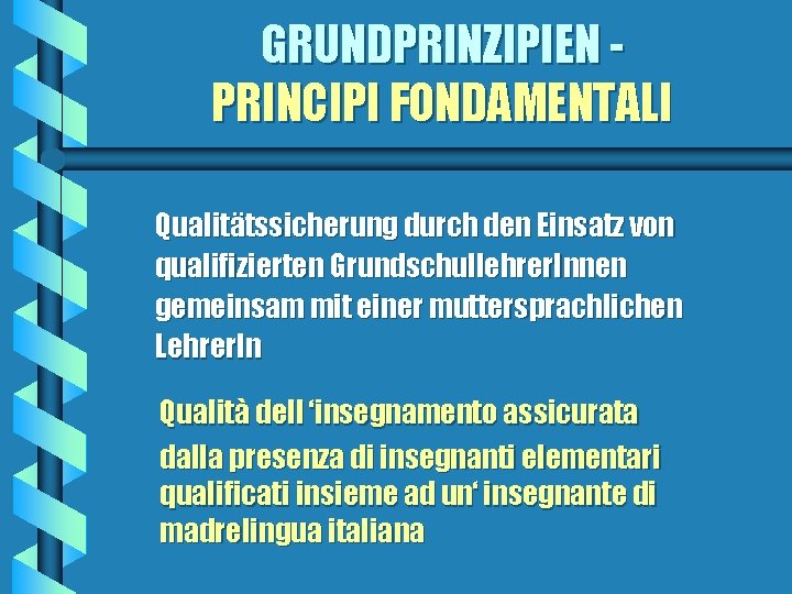 GRUNDPRINZIPIEN PRINCIPI FONDAMENTALI Qualitätssicherung durch den Einsatz von qualifizierten Grundschullehrer. Innen gemeinsam mit einer