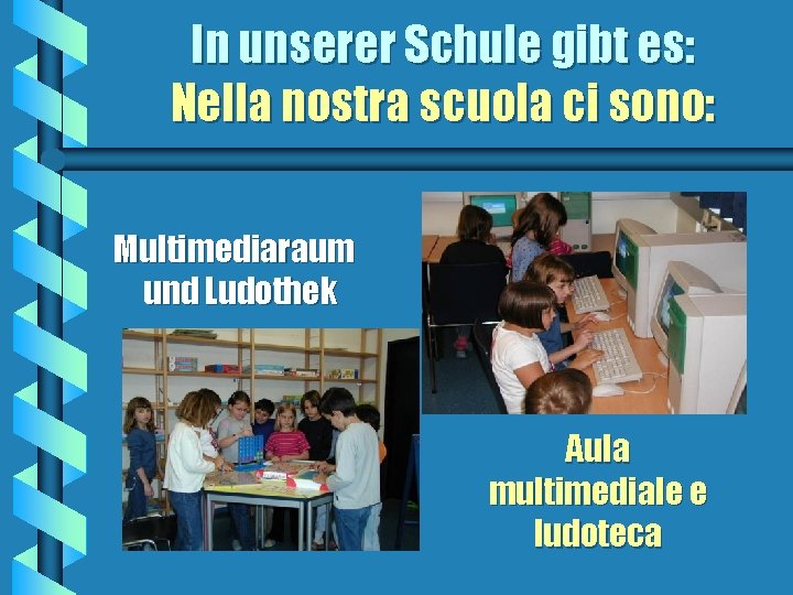 In unserer Schule gibt es: Nella nostra scuola ci sono: Multimediaraum und Ludothek Aula