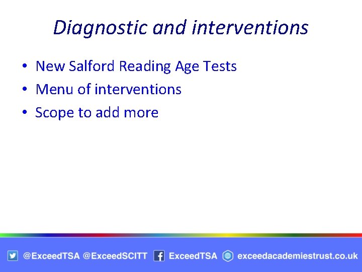 Diagnostic and interventions • New Salford Reading Age Tests • Menu of interventions •