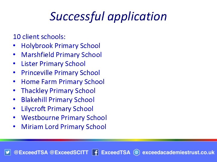 Successful application 10 client schools: • Holybrook Primary School • Marshfield Primary School •