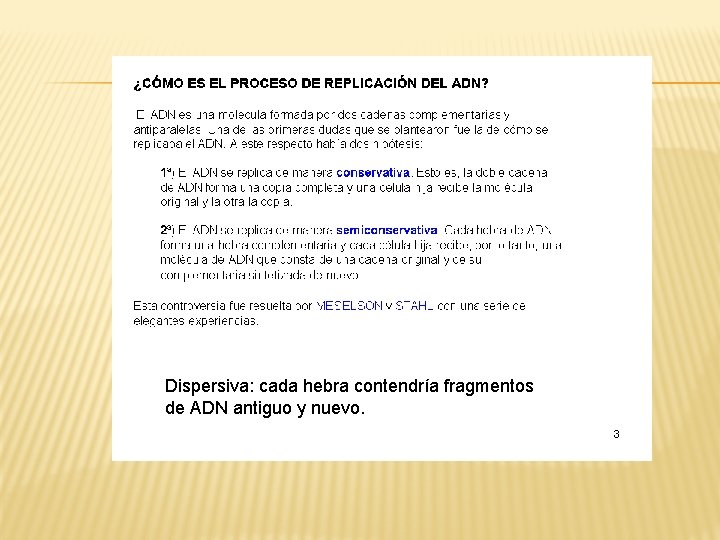 Dispersiva: cada hebra contendría fragmentos de ADN antiguo y nuevo. 