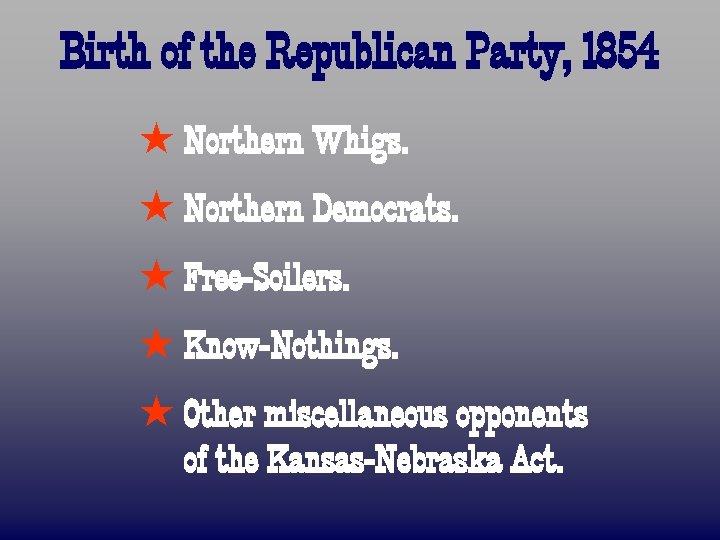 Birth of the Republican Party, 1854 ß Northern Whigs. ß Northern Democrats. ß Free-Soilers.