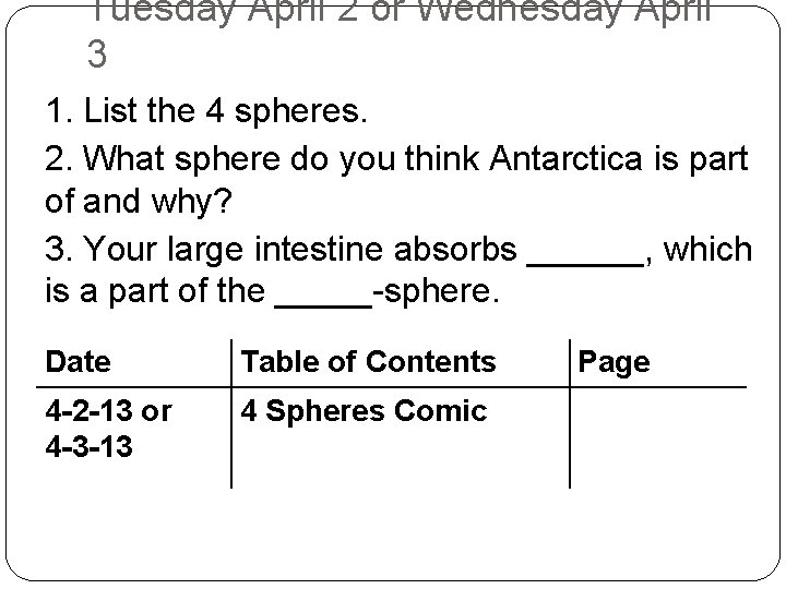 Tuesday April 2 or Wednesday April 3 1. List the 4 spheres. 2. What