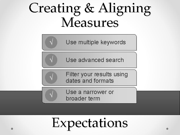 Creating & Aligning Measures • √ Use multiple keywords • √ Use advanced search