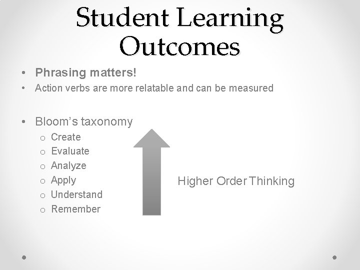 Student Learning Outcomes • Phrasing matters! • Action verbs are more relatable and can