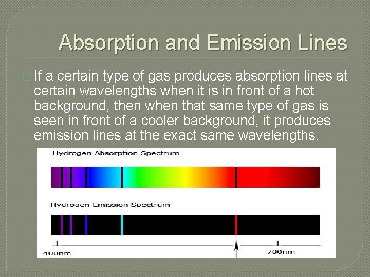 Absorption and Emission Lines � If a certain type of gas produces absorption lines