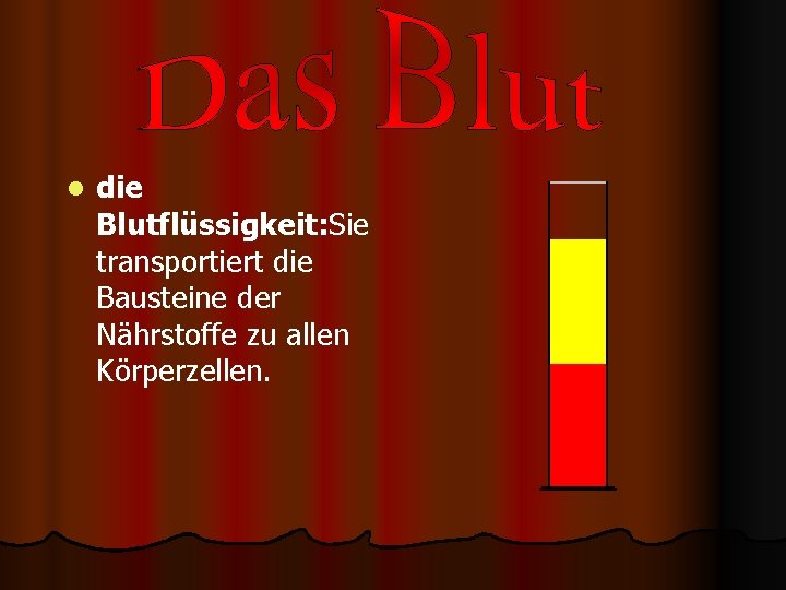 l die Blutflüssigkeit: Sie transportiert die Bausteine der Nährstoffe zu allen Körperzellen. 