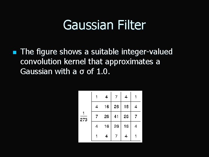 Gaussian Filter n The figure shows a suitable integer-valued convolution kernel that approximates a
