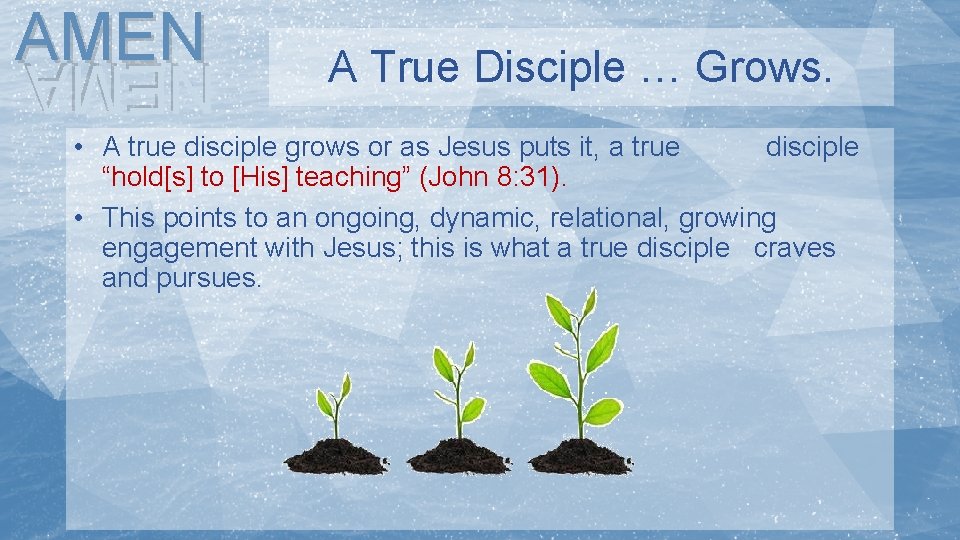 AMEN A True Disciple … Grows. NEMA • A true disciple grows or as