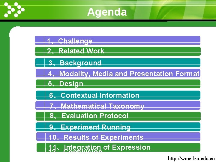 Agenda www. themegallery. com 1、Challenge 2、Related Work 3、Background 4、Modality, Media and Presentation Format 5、Design