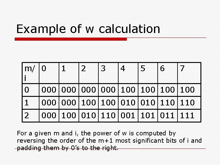 Example of w calculation m/ 0 1 2 3 4 5 6 7 i