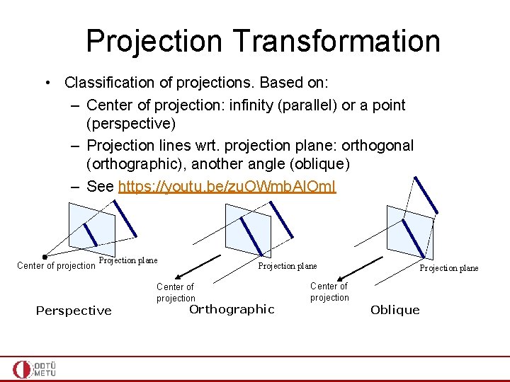 Projection Transformation • Classification of projections. Based on: – Center of projection: infinity (parallel) Projection Transformation • Classification of projections. Based on: – Center of projection: infinity (parallel)