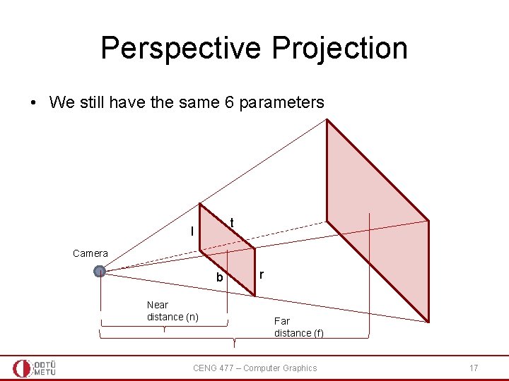 Perspective Projection • We still have the same 6 parameters t l Camera b Perspective Projection • We still have the same 6 parameters t l Camera b