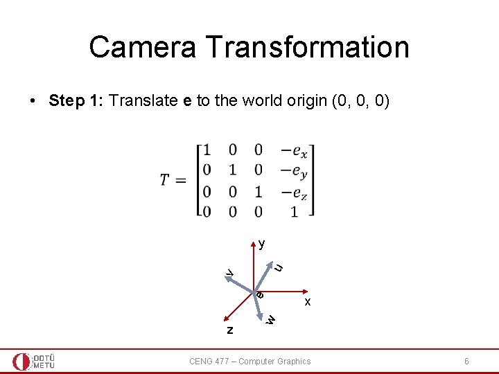 Camera Transformation • Step 1: Translate e to the world origin (0, 0, 0) Camera Transformation • Step 1: Translate e to the world origin (0, 0, 0)