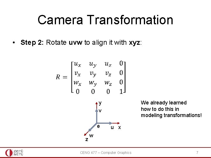 Camera Transformation • Step 2: Rotate uvw to align it with xyz: We already Camera Transformation • Step 2: Rotate uvw to align it with xyz: We already
