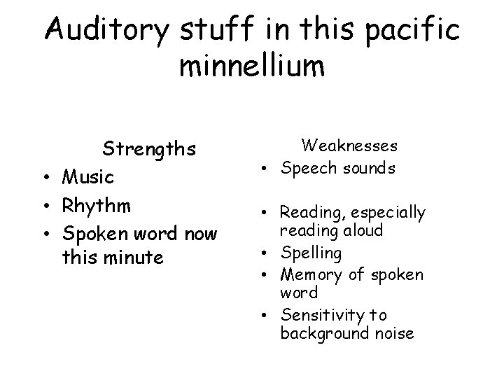 Auditory stuff in this pacific minnellium Strengths • Music • Rhythm • Spoken word